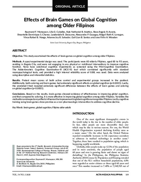 Effects of Brain Games on Global Cognition among Older Filipinos.